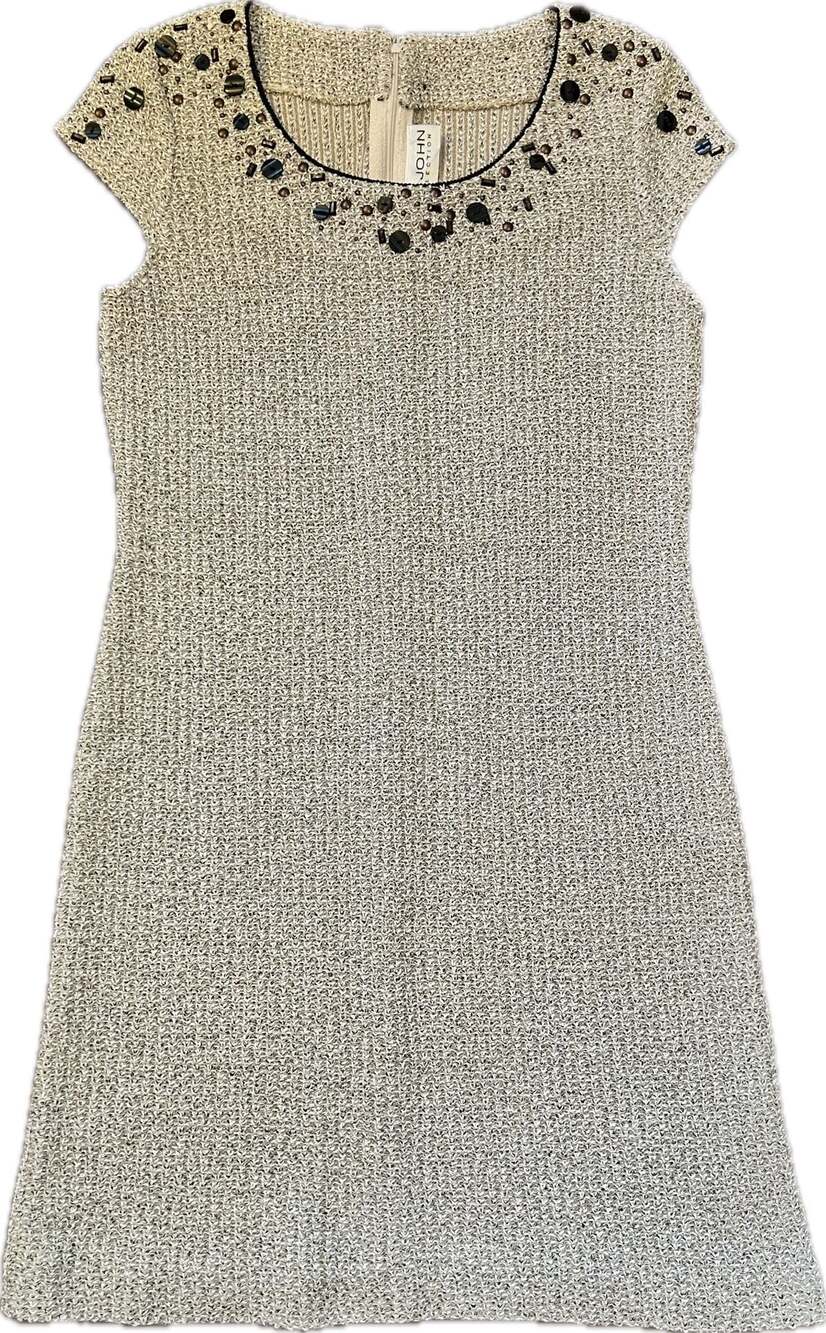 St. John Collection Beige & Black Textured Knit Embellished Dress Quiet Luxury